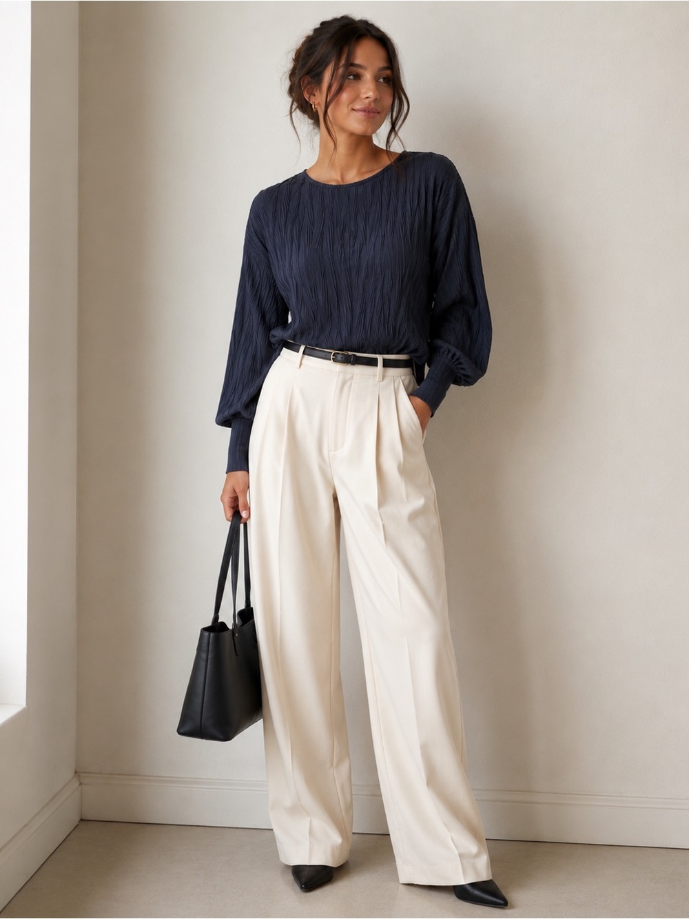 Zara Navy Blue Pleated Long Sleeve Blouse Small 0264/158